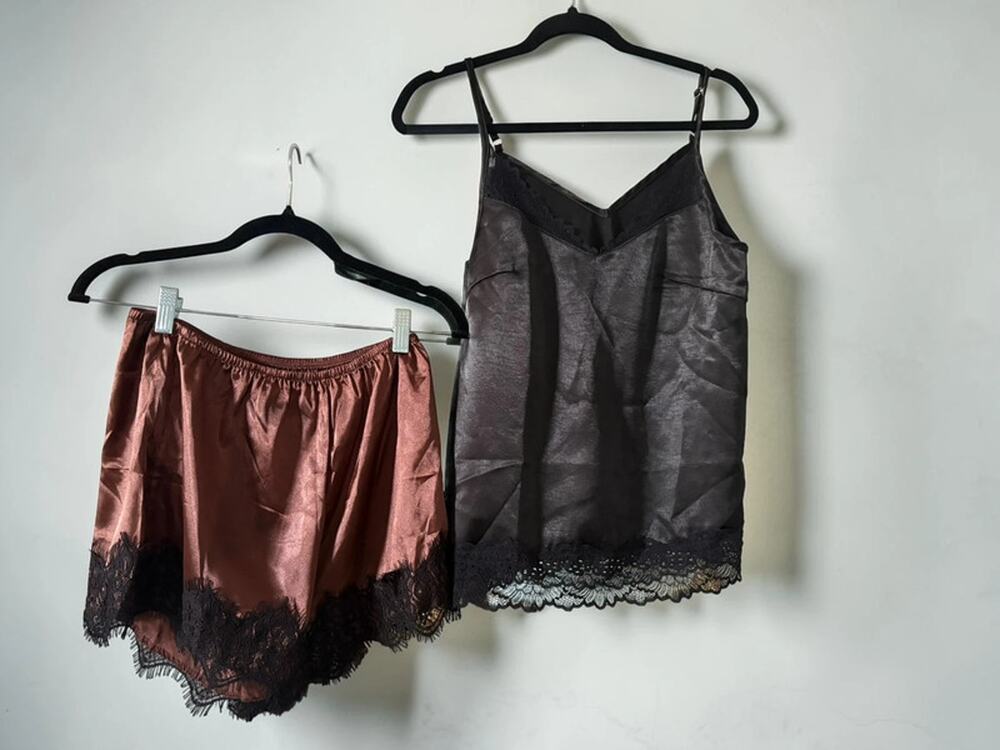 Quince Nwt Black and Brown Satin Size M Shorts set Luxe Coquette